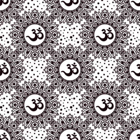 Om symbol seamless pattern. Vintage elements of black on a white background. Buddhist, Indian motifs yoga, meditation, spirituality.のイラスト素材
