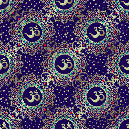 Omh vintage seamless pattern gold on blue.のイラスト素材