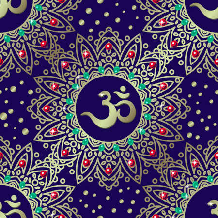 Om symbol seamless pattern. Vintage Gold on blue.のイラスト素材