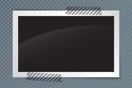 Realistic photo frame with shadow and transparent adhesive tape on a dark checkered white background.のイラスト素材