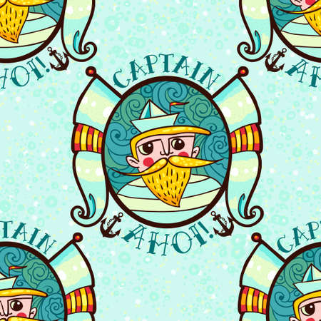 Seaman with a lighthouse in the style of an old tattoo. Seamless pattern.のイラスト素材