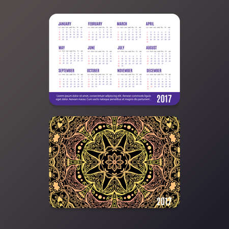 Pocket yoga Calendar 2017. Mandala design vector templateのイラスト素材
