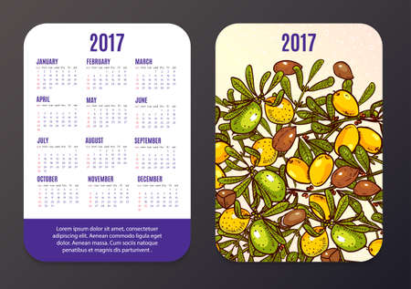 Pocket calendar with eco-products, fruits and branches Argan.のイラスト素材