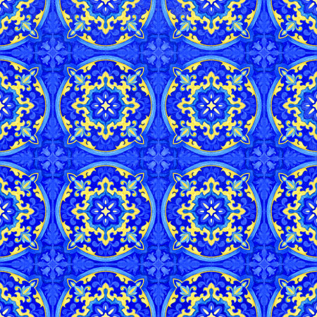 Portuguese azulejo tiles. Watercolor seamless pattern