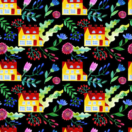 Home Sweet Home. Watercolor seamless patternの写真素材