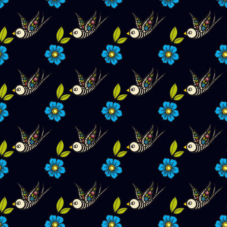 Swallows and flowers in an old-style tattoo. The day of the Dead. A seamless pattern on a black background. Texture for vintage scrapbooking, wrapping paper, textiles, web page, surface design fashionの写真素材
