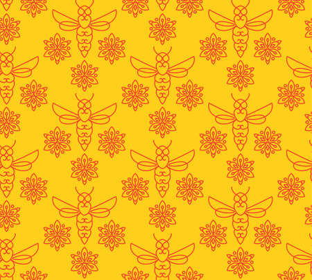 Colorful Seamless pattern with orange bees in Monoline style. For the packaging of creams, cosmetics, food, bee venom to treat. Wrap bee products, fashion textile, covers smartphones on honey bee, apitherapy.のイラスト素材
