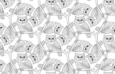 Big-eared owl. A seamless pattern in the handdrawn style.のイラスト素材