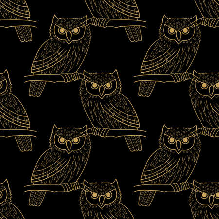 Big-eared owl. A seamless pattern in the handdrawn style.のイラスト素材