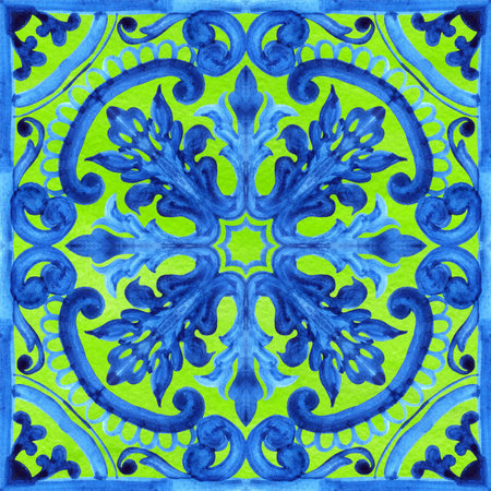 Portuguese azulejo tiles. Watercolor seamless pattern
