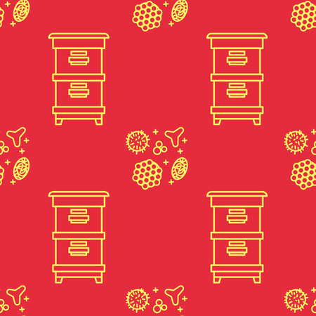 Apiary and beekeeping. Beautiful seamless pattern in a linear style. Bee houses, beehives and pollen on an orange background. Texture for scrapbooking wrapping paper textiles web page, surface design,のイラスト素材