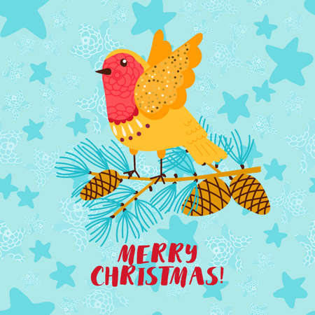 Merry Christmas greeting card with robin bird.のイラスト素材