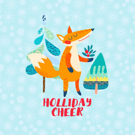 Holliday cheer Cartoon red fox greeting card.のイラスト素材