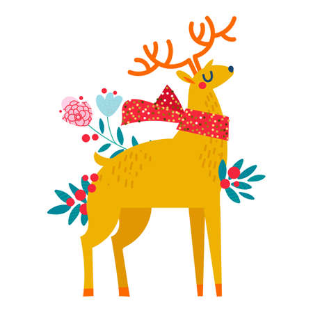 Christmas reindeer in flowers.のイラスト素材