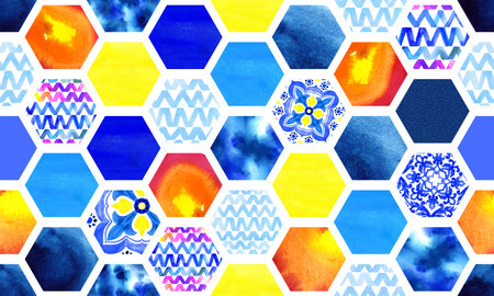 Abstract multicolored and blue watercolor dye seamless pattern.