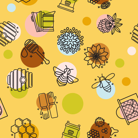 Honey seamless pattern with cute flying bees, hex comb,