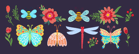 Cute insects, flying butterflies. Dragonfly, bumblebee, beeのイラスト素材