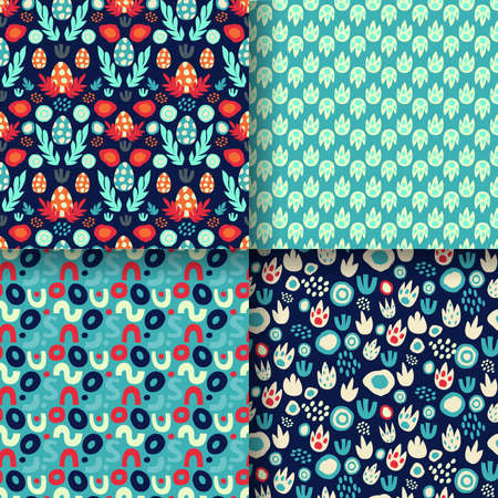 Set of seamless patterns with dinosaur eggs, footprints, abstract textures with blue and red neon.のイラスト素材