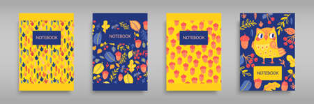 Set covers for notebooks with an owl and wild forest nature.のイラスト素材