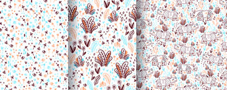 Set of seamless patterns with rhinos and safari in doodle style.のイラスト素材
