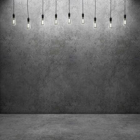 Concrete wall and floor with retro light bulbs. 3D renderingの写真素材