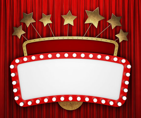 Retro cinema banner with red curtain and starsの写真素材