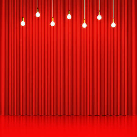 Red curtain with glowing light bulbs and glossy floor. 3D renderingの写真素材