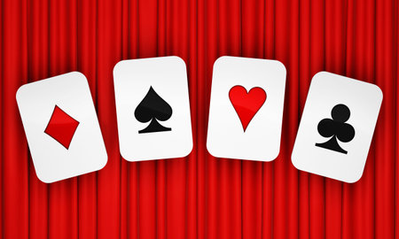 Card symbols on background of red curtain. 3D rendering