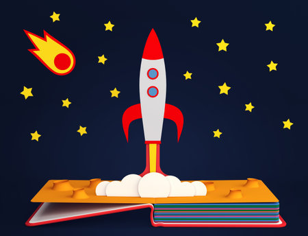 Pop up book with rocket launch. 3D rendering