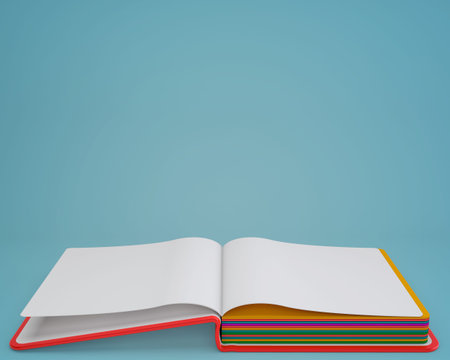 Blank color book on blue background. 3D rendering