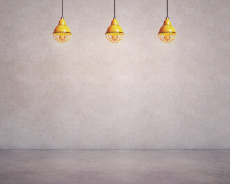 Concrete wall and floor with three lamps. 3D rendering