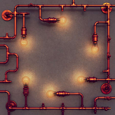 Copper pipes with light bulbs on concrete wall. 3D renderingの写真素材