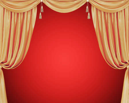 Golden curtains with tassels isolated on red background. 3D renderingの写真素材
