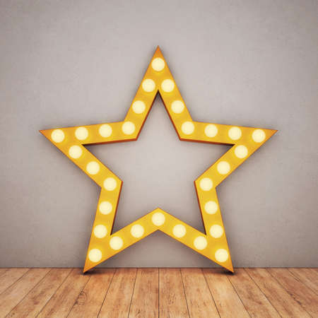 Golden retro star on concrete background and wooden floor. 3D renderingの写真素材
