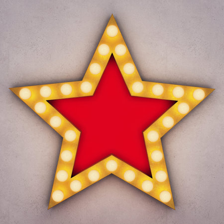 Golden retro star with glowing light bulbs on concrete background. 3D rendering