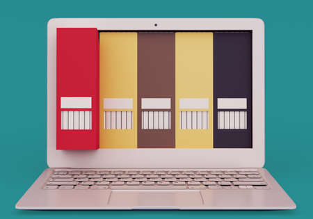 Laptop with office folders. 3D renderingの写真素材