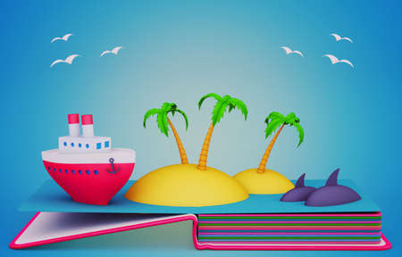 Pop up book with paper models of the ship and tropical islands. 3D renderingの写真素材