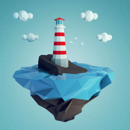 Low poly lighthouse on a rocky island in the sea. 3D renderingの写真素材