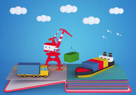 Pop up book with cargo port. 3D renderingの写真素材
