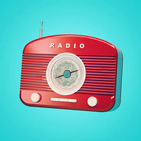Red retro radio on blue background. 3D renderingの写真素材