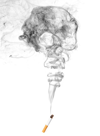 Cigarette And Skull Shaped Smoke Isolated On White Backgroundの写真素材