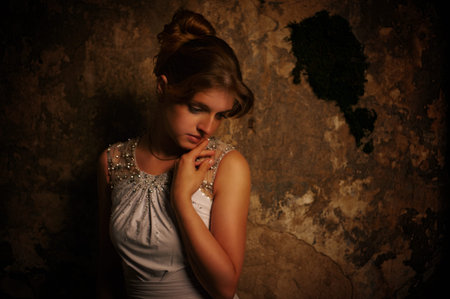 Close up portrait of thoughtful beautiful womanの写真素材