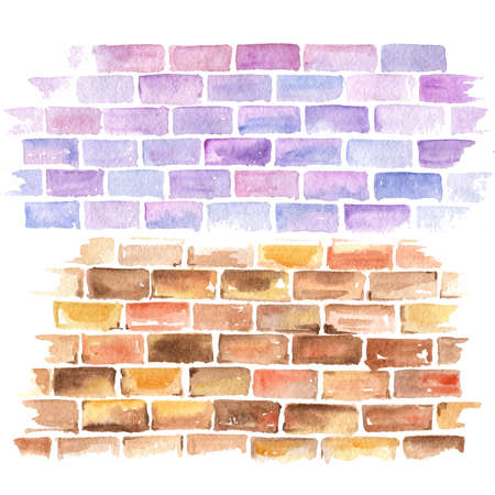 Watercolor Brick wall on white background  texture. Violet and brown Bricksの写真素材