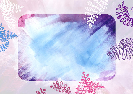 Frame with white and red leaves on Watercolor paint abstract purple background. Pink, blue and violet spot texture. Backdrop of spots for packaging and webの写真素材