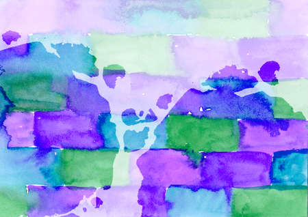 Multicolored watercolor hand drawn abstract background. Blue, green, violet and purple colorful Spots and Splashes brick and stone texture. left and right two dark Drops on light Backgrounds. Backdrop of Spot for packaging and webの写真素材