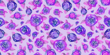Multicolor Watercolor branch purple violet and pink Rose Flower on gray Background. Doodle and scribble. Seamless Patterns with packaging and scrapbookingの写真素材