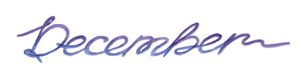 Watercolor continuous blue and violet one line drawing lettering Winter month December on white...