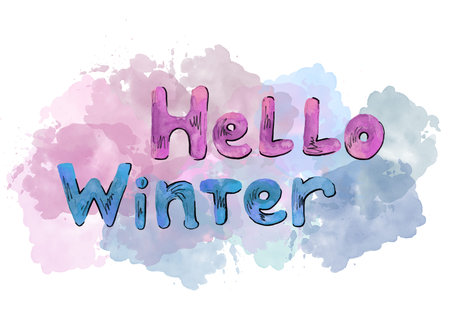 hello winter - hand lettering inscription text to winter design on white background. Watercolor calligraphy script on blob. Blue and purple colorの写真素材