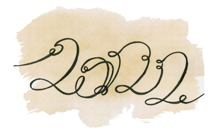 Continuous one line drawing lettering 2022 number year on Watercolor beige blot on white backgroundの写真素材
