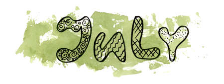 Summer black Line art lettering July month with Watercolor green blot on white backgroundの写真素材